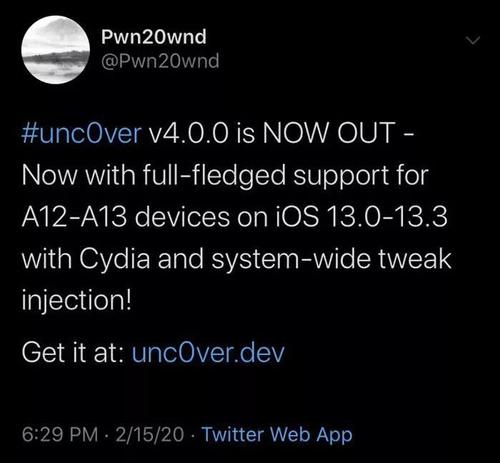  Pwn20wnd发布unc0verv3.6.0声称有史以来最大的稳定性和可靠性更新 